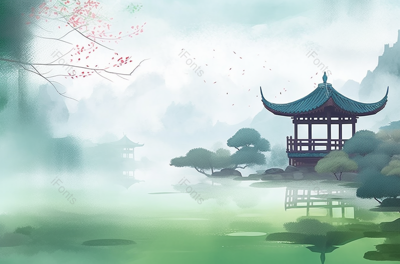 古风中式园林凉亭梅花水墨画,插画/手绘图,插画/手绘图库,插画/手绘图下载,插画/手绘